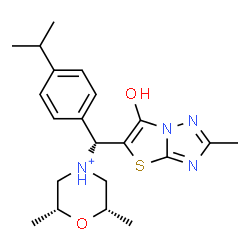 ChemSpider 2D Image | (2R,4s,6S)-4-[(R)-(6-Hydroxy-2-methyl[1,3]thiazolo[3,2-b][1,2,4]triazol-5-yl)(4-isopropylphenyl)methyl]-2,6-dimethylmorpholin-4-ium | C21H29N4O2S