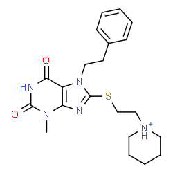 ChemSpider 2D Image | 1-(2-{[3-Methyl-2,6-dioxo-7-(2-phenylethyl)-2,3,6,7-tetrahydro-1H-purin-8-yl]sulfanyl}ethyl)piperidinium | C21H28N5O2S