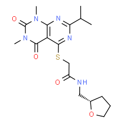 ChemSpider 2D Image | 2-[(2-Isopropyl-6,8-dimethyl-5,7-dioxo-5,6,7,8-tetrahydropyrimido[4,5-d]pyrimidin-4-yl)sulfanyl]-N-[(2S)-tetrahydro-2-furanylmethyl]acetamide | C18H25N5O4S