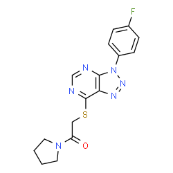 ChemSpider 2D Image | 2-{[3-(4-Fluorophenyl)-3H-[1,2,3]triazolo[4,5-d]pyrimidin-7-yl]sulfanyl}-1-(1-pyrrolidinyl)ethanone | C16H15FN6OS
