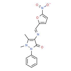 ChemSpider 2D Image | 1,5-Dimethyl-4-{(E)-[(5-nitro-2-furyl)methylene]amino}-2-phenyl-1,2-dihydro-3H-pyrazol-3-one | C16H14N4O4