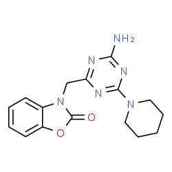 ChemSpider 2D Image | 3-{[4-Amino-6-(1-piperidinyl)-1,3,5-triazin-2-yl]methyl}-1,3-benzoxazol-2(3H)-one | C16H18N6O2
