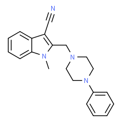 ChemSpider 2D Image | Indole-3-carbonitrile, 1-methyl-2-(4-phenyl-1-piperazinylmethyl)- | C21H22N4