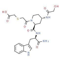 ChemSpider 2D Image | ({2-[(2S,4S)-2-{[(2R)-1-Amino-3-(1H-indol-3-yl)-1-oxo-2-propanyl]carbamoyl}-4-(glycoloylamino)-1-piperidinyl]-2-oxoethyl}sulfanyl)acetic acid | C23H29N5O7S