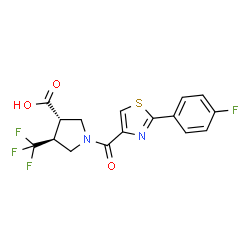 ChemSpider 2D Image | (3S,4S)-1-{[2-(4-Fluorophenyl)-1,3-thiazol-4-yl]carbonyl}-4-(trifluoromethyl)-3-pyrrolidinecarboxylic acid | C16H12F4N2O3S