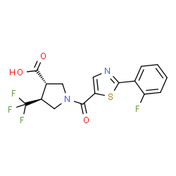 ChemSpider 2D Image | (3S,4S)-1-{[2-(2-Fluorophenyl)-1,3-thiazol-5-yl]carbonyl}-4-(trifluoromethyl)-3-pyrrolidinecarboxylic acid | C16H12F4N2O3S