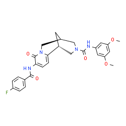 ChemSpider 2D Image | (1R,9R)-N-(3,5-Dimethoxyphenyl)-5-[(4-fluorobenzoyl)amino]-6-oxo-7,11-diazatricyclo[7.3.1.0~2,7~]trideca-2,4-diene-11-carboxamide | C27H27FN4O5
