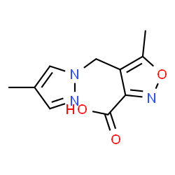 ChemSpider 2D Image | 5-methyl-4-[(4-methylpyrazol-1-yl)methyl]-1,2-oxazole-3-carboxylic Acid | C10H11N3O3