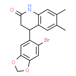ChemSpider 2D Image | 4-(6-Bromo-1,3-benzodioxol-5-yl)-6,7-dimethyl-3,4-dihydro-2(1H)-quinolinone | C18H16BrNO3