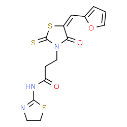 ChemSpider 2D Image | N-(4,5-Dihydro-1,3-thiazol-2-yl)-3-[(5E)-5-(2-furylmethylene)-4-oxo-2-thioxo-1,3-thiazolidin-3-yl]propanamide | C14H13N3O3S3