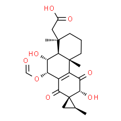 ChemSpider 2D Image | [(1S,2S,3'R,4b'S,8'R,8a'S,9'R,10'S)-10'-(Formyloxy)-3',9'-dihydroxy-2,4b',8'-trimethyl-1',4'-dioxo-3',4',4b',5',6',7',8',8a',9',10'-decahydro-1'H-spiro[cyclopropane-1,2'-phenanthren]-8'-yl]acetic acid | C22H28O8