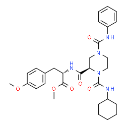 ChemSpider 2D Image | Methyl N-{[(2R)-1-(cyclohexylcarbamoyl)-4-(phenylcarbamoyl)-2-piperazinyl]carbonyl}-O-methyl-L-tyrosinate | C30H39N5O6