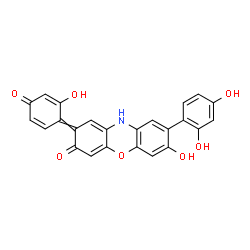 ChemSpider 2D Image | 8-(2,4-Dihydroxyphenyl)-7-hydroxy-2-(2-hydroxy-4-oxo-2,5-cyclohexadien-1-ylidene)-2,10-dihydro-3H-phenoxazin-3-one | C24H15NO7