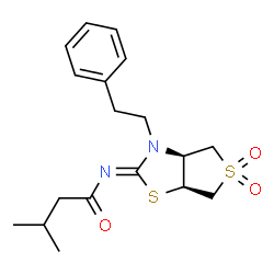 ChemSpider 2D Image | N-[(2Z,3aS,6aS)-5,5-Dioxido-3-(2-phenylethyl)tetrahydrothieno[3,4-d][1,3]thiazol-2(3H)-ylidene]-3-methylbutanamide | C18H24N2O3S2