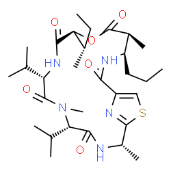 ChemSpider 2D Image | (2S,5S,8S,11S,14S,15R)-11-[(2S)-2-Butanyl]-5,8-diisopropyl-2,6,14-trimethyl-15-propyl-12-oxa-20-thia-3,6,9,16,21-pentaazabicyclo[16.2.1]henicosa-1(21),18-diene-4,7,10,13,17-pentone | C30H49N5O6S