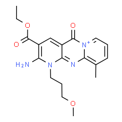 ChemSpider 2D Image | 2-Amino-3-(ethoxycarbonyl)-1-(3-methoxypropyl)-10-methyl-5-oxo-1,5-dihydrodipyrido[1,2-a:2',3'-d]pyrimidin-6-ium | C19H23N4O4