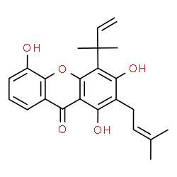 ChemSpider 2D Image | 1,3,5-trihydroxy-2-(3-methylbut-2-enyl)-4-(1,1-dimethylprop-2-enyl) xanthone | C23H24O5