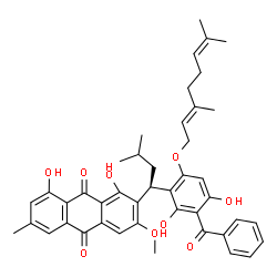 ChemSpider 2D Image | 2-[(1R)-1-(3-Benzoyl-6-{[(2E)-3,7-dimethyl-2,6-octadien-1-yl]oxy}-2,4-dihydroxyphenyl)-3-methylbutyl]-1,8-dihydroxy-3-methoxy-6-methyl-9,10-anthraquinone | C44H46O9