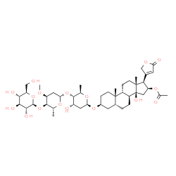 ChemSpider 2D Image | (3beta,5beta,8alpha,9beta,16beta)-16-Acetoxy-3-{[beta-D-glucopyranosyl-(1->4)-2,6-dideoxy-3-O-methyl-beta-D-ribo-hexopyranosyl-(1->4)-2,6-dideoxy-beta-D-ribo-hexopyranosyl]oxy}-14-hydroxycard-20(22)-e
nolide | C44H68O17