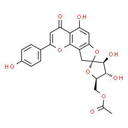 ChemSpider 2D Image | [(2R,3S,4S,5R)-3,4,5'-Trihydroxy-2'-(4-hydroxyphenyl)-4'-oxo-4,5-dihydro-3H,4'H,9'H-spiro[furan-2,8'-furo[2,3-h]chromen]-5-yl]methyl acetate | C23H20O10