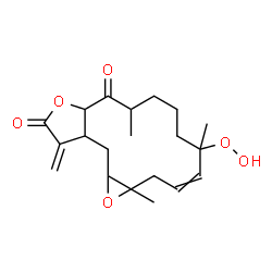 ChemSpider 2D Image | 5-Hydroperoxy-1a,5,9-trimethyl-13-methylene-2,5,6,7,8,9,13,13a,14,14a-decahydrooxireno[4,5]cyclotetradeca[1,2-b]furan-10,12(1aH,10aH)-dione | C20H28O6