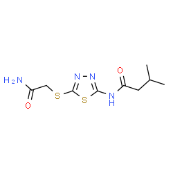 ChemSpider 2D Image | N-{5-[(2-Amino-2-oxoethyl)sulfanyl]-1,3,4-thiadiazol-2-yl}-3-methylbutanamide | C9H14N4O2S2