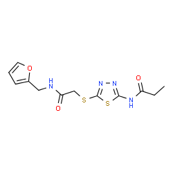ChemSpider 2D Image | N-[5-({2-[(2-Furylmethyl)amino]-2-oxoethyl}sulfanyl)-1,3,4-thiadiazol-2-yl]propanamide | C12H14N4O3S2
