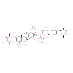 ChemSpider 2D Image | 6-Deoxy-beta-D-altropyranosyl-(1->3)-beta-L-arabinopyranosyl-(1->4)-6-deoxy-alpha-D-galactopyranosyl-(1->2)-1-O-[(2beta,3beta,6beta,16alpha)-3-(alpha-D-galactopyranuronosyloxy)-2,6,16,23-tetrahydroxy-
28-oxoolean-12-en-28-yl]-beta-L-arabinopyranose | C58H92O29