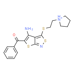 ChemSpider 2D Image | 1-{2-[(4-Amino-5-benzoylthieno[2,3-c][1,2]thiazol-3-yl)sulfanyl]ethyl}pyrrolidinium | C18H20N3OS3