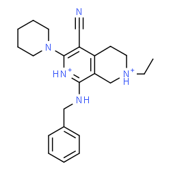 ChemSpider 2D Image | 8-(Benzylamino)-5-cyano-2-ethyl-6-(1-piperidinyl)-1,2,3,4-tetrahydro-2,7-naphthyridinediium | C23H31N5