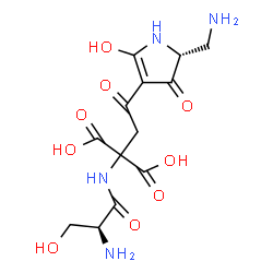 ChemSpider 2D Image | (2R)-2-(Aminomethyl)-5-hydroxy-3-oxo-4-(L-seryl-2-carboxy-beta-aspartyl)-2,3-dihydro-1H-pyrrole | C13H18N4O9