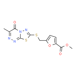 ChemSpider 2D Image | Methyl 5-{[(3-methyl-4-oxo-4H-[1,3,4]thiadiazolo[2,3-c][1,2,4]triazin-7-yl)sulfanyl]methyl}-2-furoate | C12H10N4O4S2