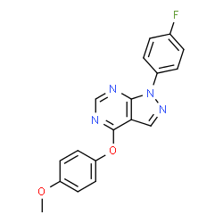 ChemSpider 2D Image | 1-(4-Fluorophenyl)-4-(4-methoxyphenoxy)-1H-pyrazolo[3,4-d]pyrimidine | C18H13FN4O2