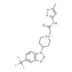 ChemSpider 2D Image | 1-{2-[(5-Methyl-1,2-oxazol-3-yl)amino]-2-oxoethyl}-4-[5-(trifluoromethyl)-1H-benzotriazol-1-yl]piperidinium | C18H20F3N6O2