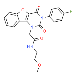 ChemSpider 2D Image | 2-[3-(4-Fluorophenyl)-2,4-dioxo-3,4-dihydro[1]benzofuro[3,2-d]pyrimidin-1(2H)-yl]-N-(2-methoxyethyl)acetamide | C21H18FN3O5
