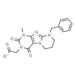 ChemSpider 2D Image | (9-Benzyl-1-methyl-2,4-dioxo-1,4,6,7,8,9-hexahydropyrimido[2,1-f]purin-3(2H)-yl)acetate | C18H18N5O4