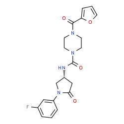 ChemSpider 2D Image | N-[(3R)-1-(3-Fluorophenyl)-5-oxo-3-pyrrolidinyl]-4-(2-furoyl)-1-piperazinecarboxamide | C20H21FN4O4