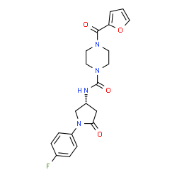 ChemSpider 2D Image | N-[(3R)-1-(4-Fluorophenyl)-5-oxo-3-pyrrolidinyl]-4-(2-furoyl)-1-piperazinecarboxamide | C20H21FN4O4