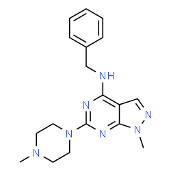 ChemSpider 2D Image | N-benzyl-1-methyl-6-(4-methylpiperazin-1-yl)pyrazolo[3,4-d]pyrimidin-4-amine | C18H23N7