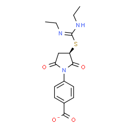 ChemSpider 2D Image | 4-{(3R)-3-[(N,N'-Diethylcarbamimidoyl)sulfanyl]-2,5-dioxo-1-pyrrolidinyl}benzoate | C16H18N3O4S