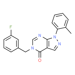 ChemSpider 2D Image | 5-(3-Fluorobenzyl)-1-(2-methylphenyl)-1,5-dihydro-4H-pyrazolo[3,4-d]pyrimidin-4-one | C19H15FN4O