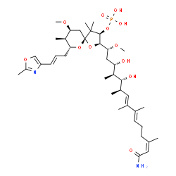 ChemSpider 2D Image | (2R,3R,5R,7R,8S,9S)-2-[(1R,3S,4S,5R,6R,7E,9E,13Z)-15-Amino-3,5-dihydroxy-1-methoxy-4,6,8,9,13-pentamethyl-15-oxo-7,9,13-pentadecatrien-1-yl]-9-methoxy-4,4,8-trimethyl-7-[(2E)-3-(2-methyl-1,3-oxazol-4-
yl)-2-propen-1-yl]-1,6-dioxaspiro[4.5]dec-3-yl dihydrogen phosphate | C40H65N2O12P