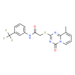 ChemSpider 2D Image | 2-[(9-Methyl-4-oxo-4H-pyrido[1,2-a][1,3,5]triazin-2-yl)sulfanyl]-N-[3-(trifluoromethyl)phenyl]acetamide | C17H13F3N4O2S