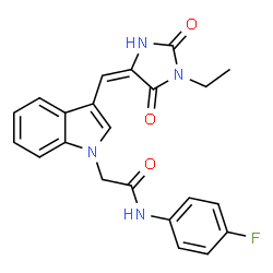 ChemSpider 2D Image | 2-{3-[(E)-(1-Ethyl-2,5-dioxo-4-imidazolidinylidene)methyl]-1H-indol-1-yl}-N-(4-fluorophenyl)acetamide | C22H19FN4O3