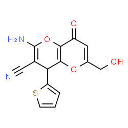 ChemSpider 2D Image | 2-Amino-6-(hydroxymethyl)-8-oxo-4-(2-thienyl)-4,8-dihydropyrano[3,2-b]pyran-3-carbonitrile | C14H10N2O4S
