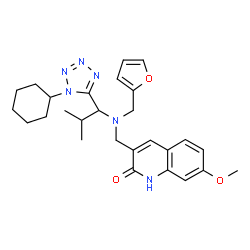 ChemSpider 2D Image | 3-({[1-(1-Cyclohexyl-1H-tetrazol-5-yl)-2-methylpropyl](2-furylmethyl)amino}methyl)-7-methoxy-2(1H)-quinolinone | C27H34N6O3