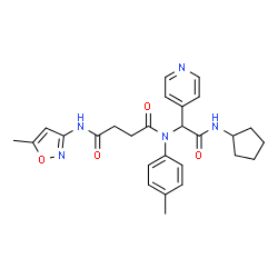 ChemSpider 2D Image | N-[2-(Cyclopentylamino)-2-oxo-1-(4-pyridinyl)ethyl]-N'-(5-methyl-1,2-oxazol-3-yl)-N-(4-methylphenyl)succinamide | C27H31N5O4