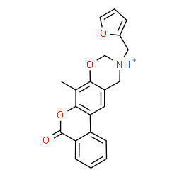 ChemSpider 2D Image | 10-(2-Furylmethyl)-7-methyl-5-oxo-10,11-dihydro-5H,9H-benzo[3,4]chromeno[6,7-e][1,3]oxazin-10-ium | C21H18NO4