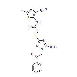 ChemSpider 2D Image | 2-[(5-amino-1-phenacyl-1,2,4-triazol-3-yl)thio]-N-(3-cyano-4,5-dimethyl-2-thiophenyl)acetamide | C19H18N6O2S2