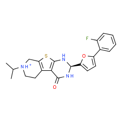 ChemSpider 2D Image | (2S)-2-[5-(2-Fluorophenyl)-2-furyl]-7-isopropyl-4-oxo-1,2,3,4,5,6,7,8-octahydropyrido[4',3':4,5]thieno[2,3-d]pyrimidin-7-ium | C22H23FN3O2S